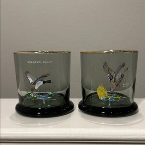 Greater Scaup and Black Duck Glass Set With 22 k Gold Rim By Ned Smith
